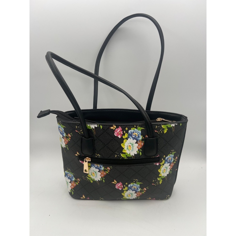 Women's Black Floral Tote Handbag Shoulder Bag Zip Top Faux Leather Purse